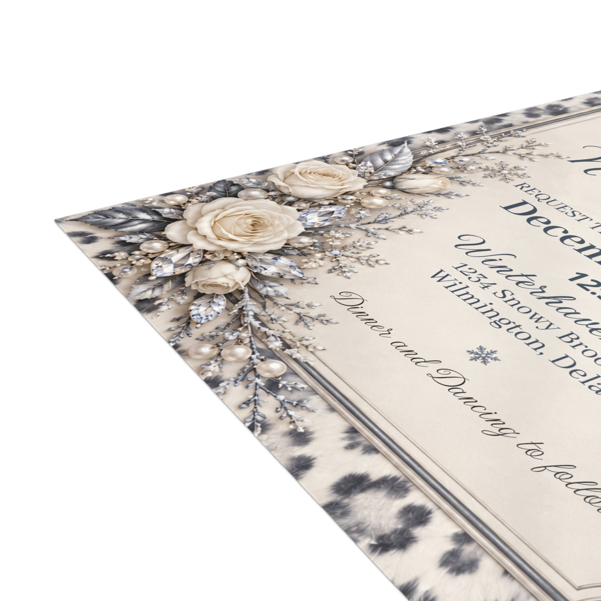 Snow Leopard Personalized Wedding Invitations – Ivory Roses & Icy Crystals, 5×7