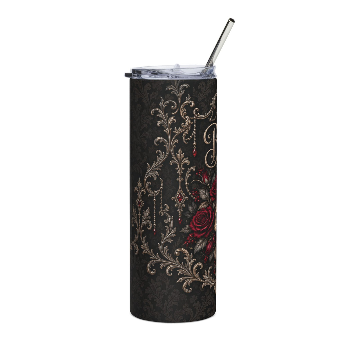Elegant Gothic Bride Tumbler – Burgundy Roses & Skull Wedding Gift, 20 oz