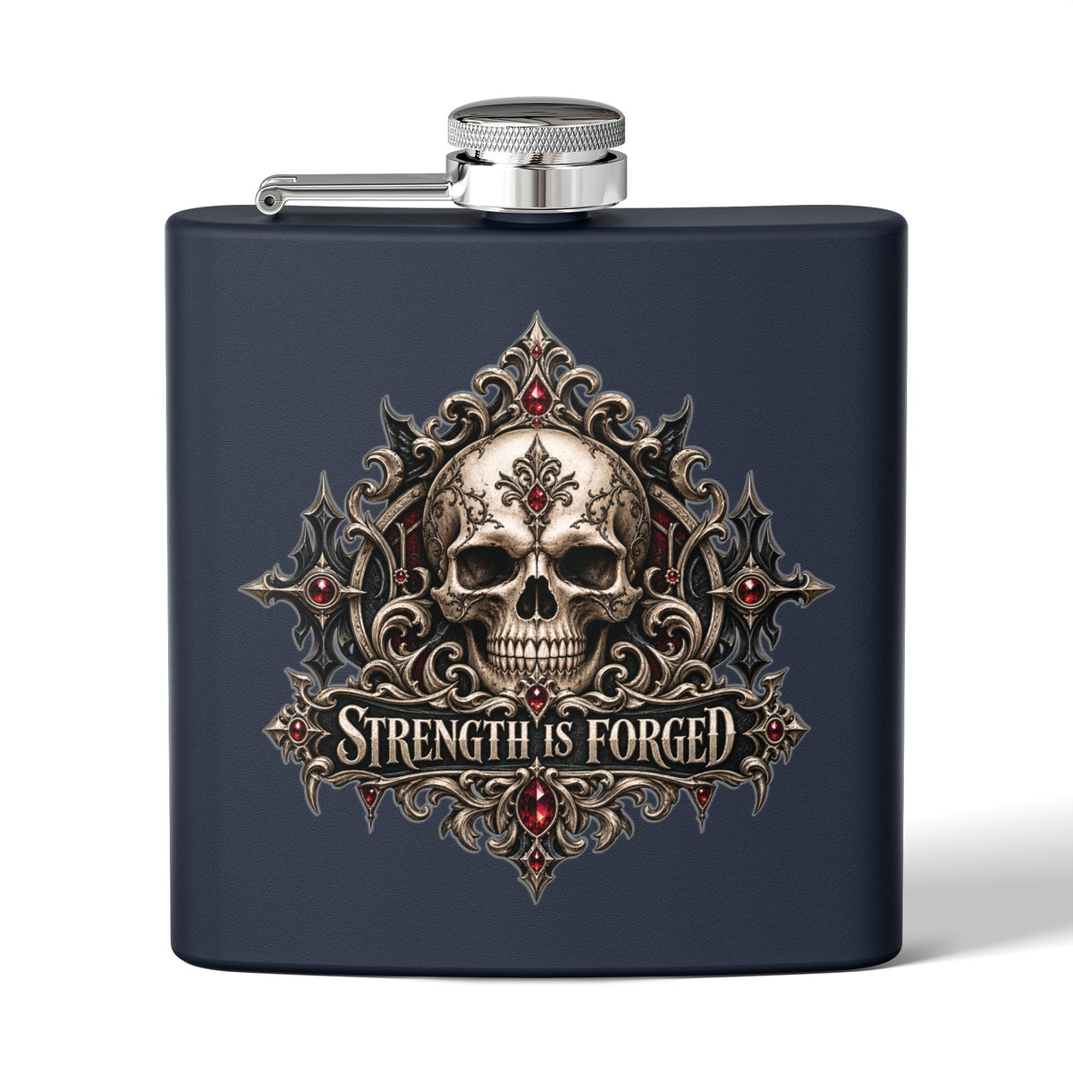 Strength Is Forged 6oz Stainless Steel Flask – Elegant Gothic Men’s Collection | Kraven Raven Designs