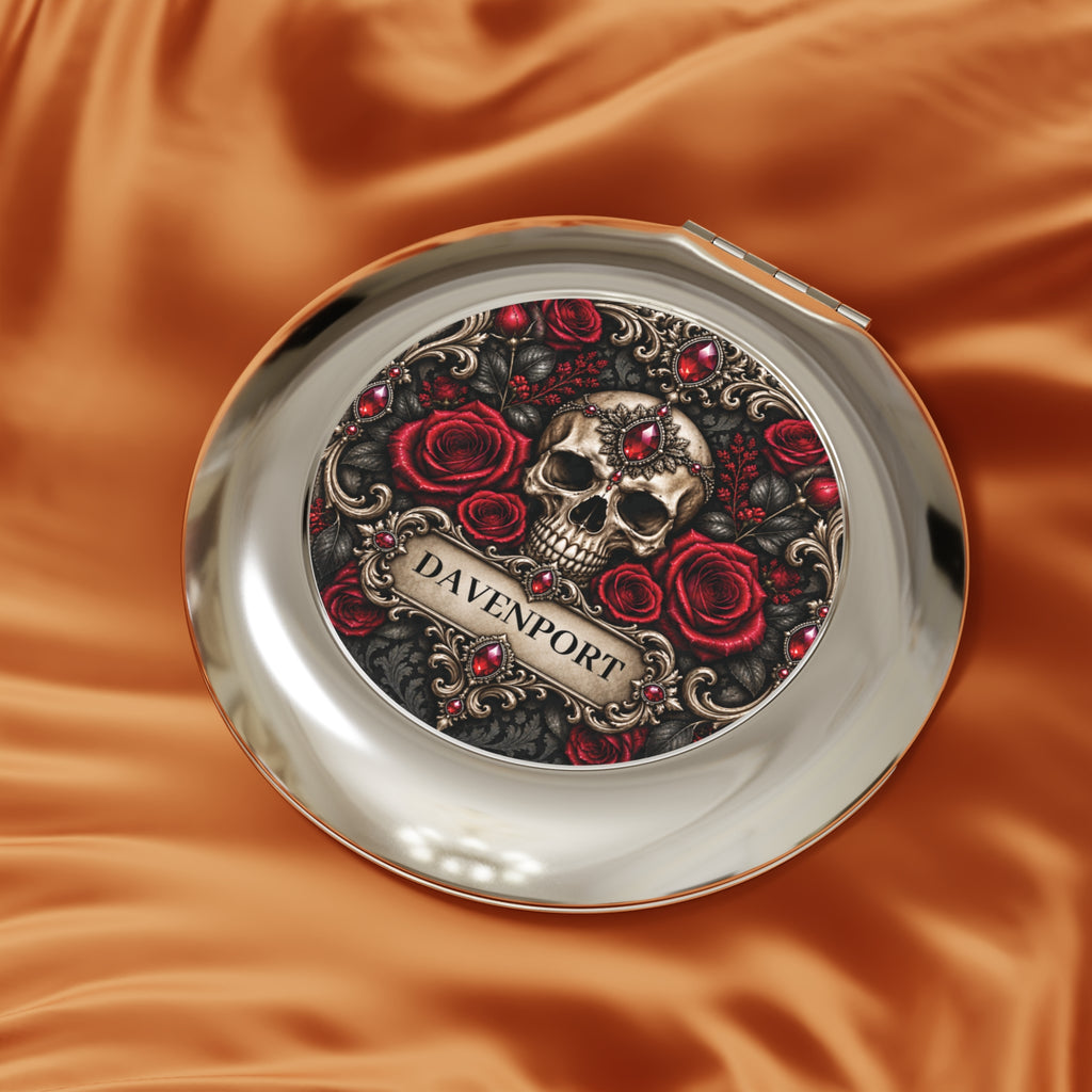 Personalized Gothic Compact Mirror — Where Shadows Bloom Skull & Roses