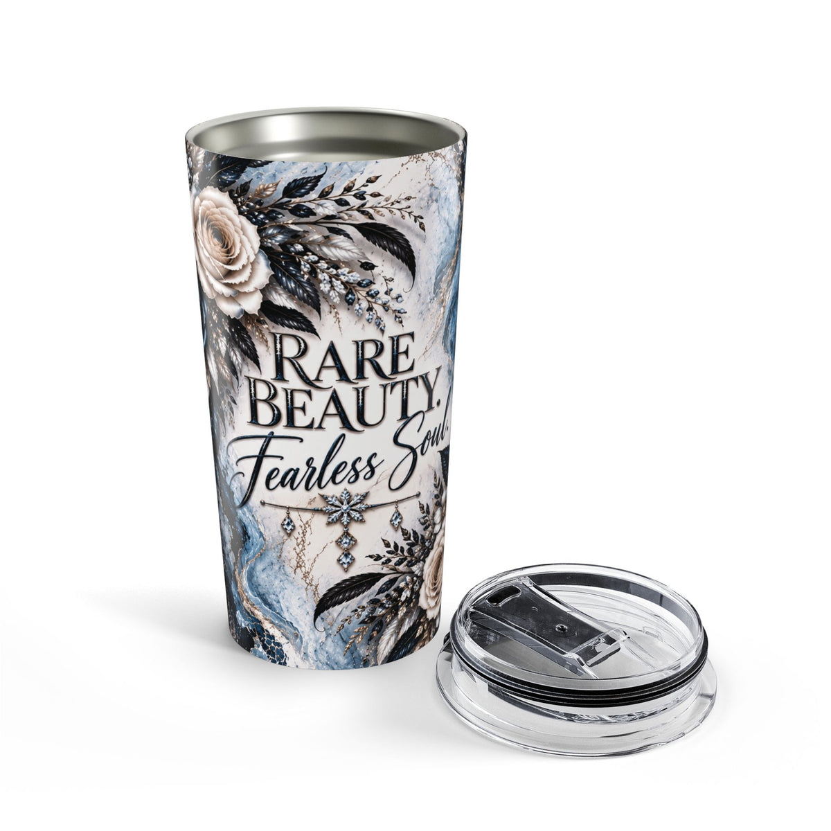 Snow Leopard 20oz Tumbler — “Rare Beauty. Fearless Soul.” Floral Insulated Travel Cup