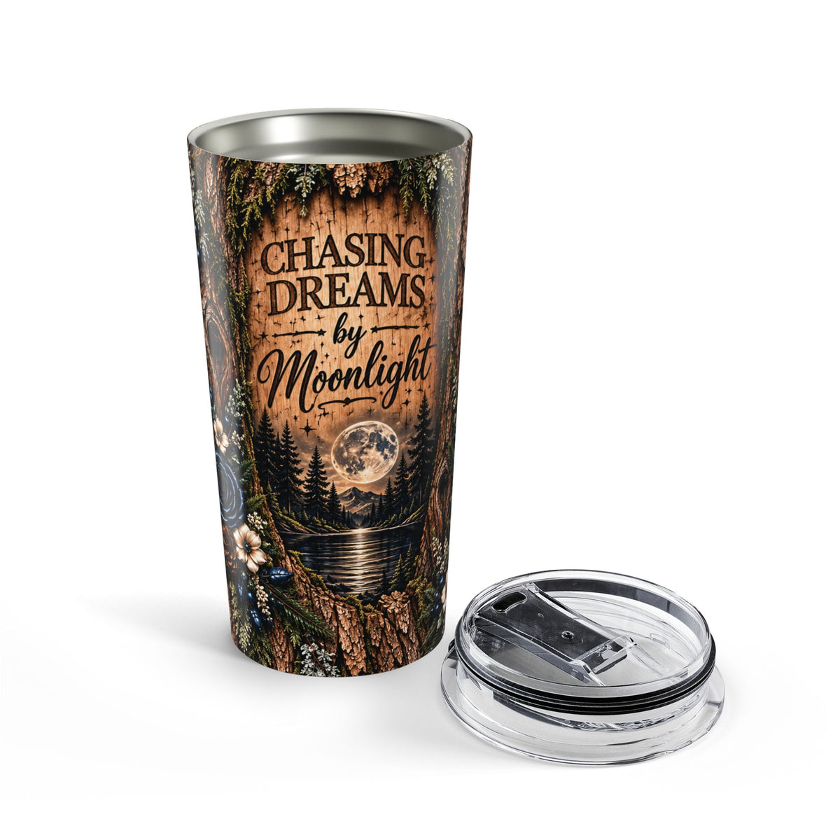 Moonlit Timber 20oz Tumbler — “Chasing Dreams by Moonlight” Rustic Woodland Travel Cup