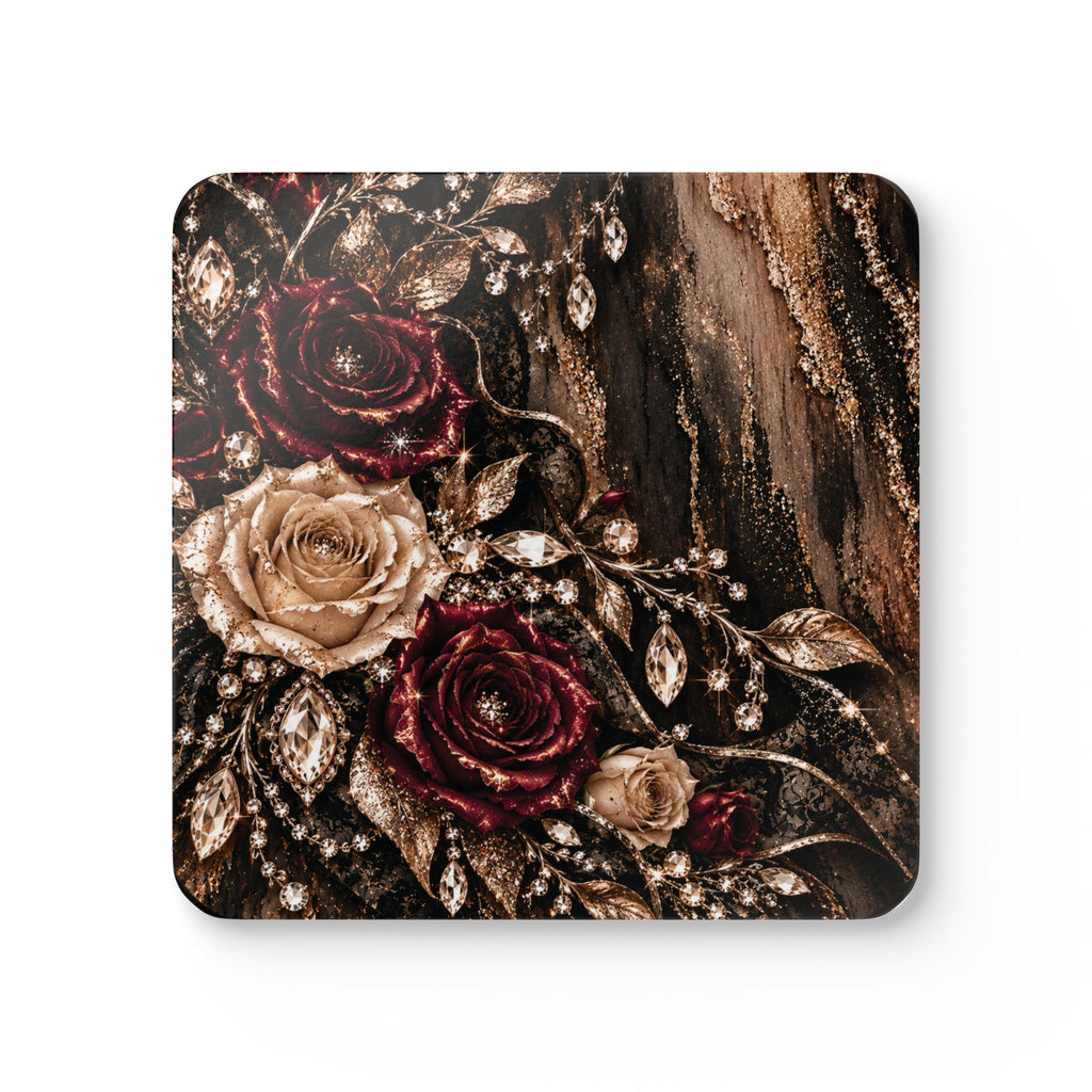 Champagne After Dark Corkwood Coaster Set — Burgundy Roses, Champagne Florals & Crystal