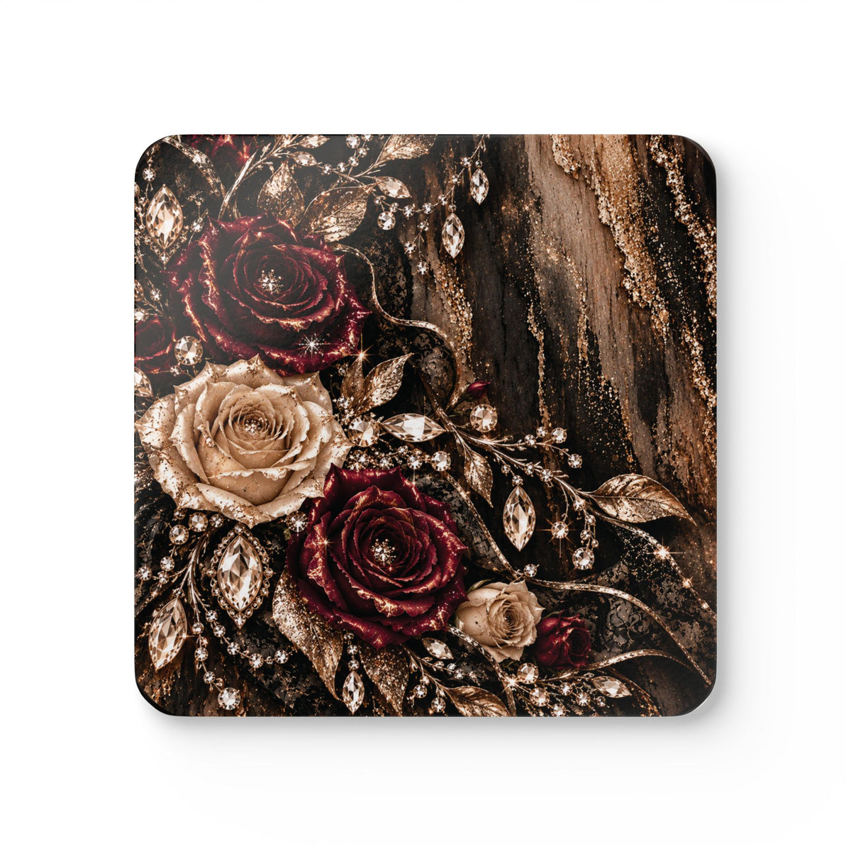 Champagne After Dark Corkwood Coaster Set — Burgundy Roses, Champagne Florals & Crystal
