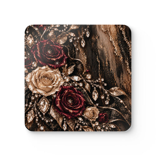 Champagne After Dark Corkwood Coaster Set — Burgundy Roses, Champagne Florals & Crystal