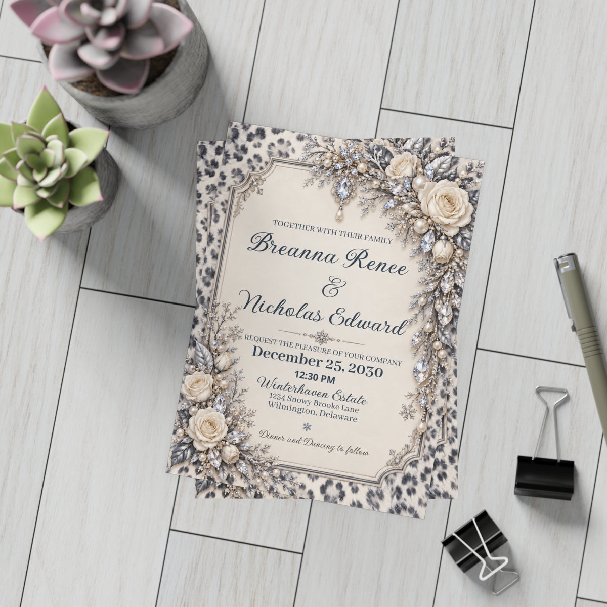 Snow Leopard Personalized Wedding Invitations – Ivory Roses & Icy Crystals, 5×7