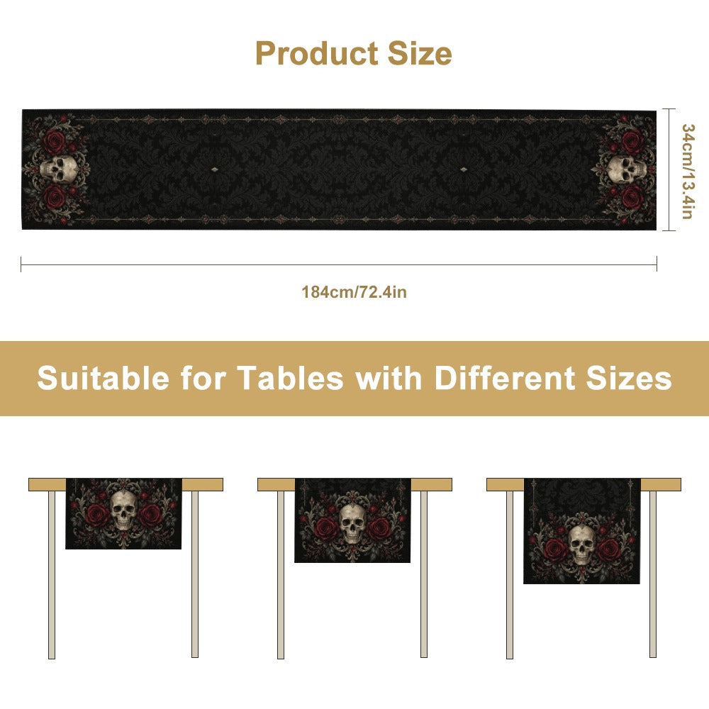 Elegant Gothic Skull & Burgundy Rose Table Runner