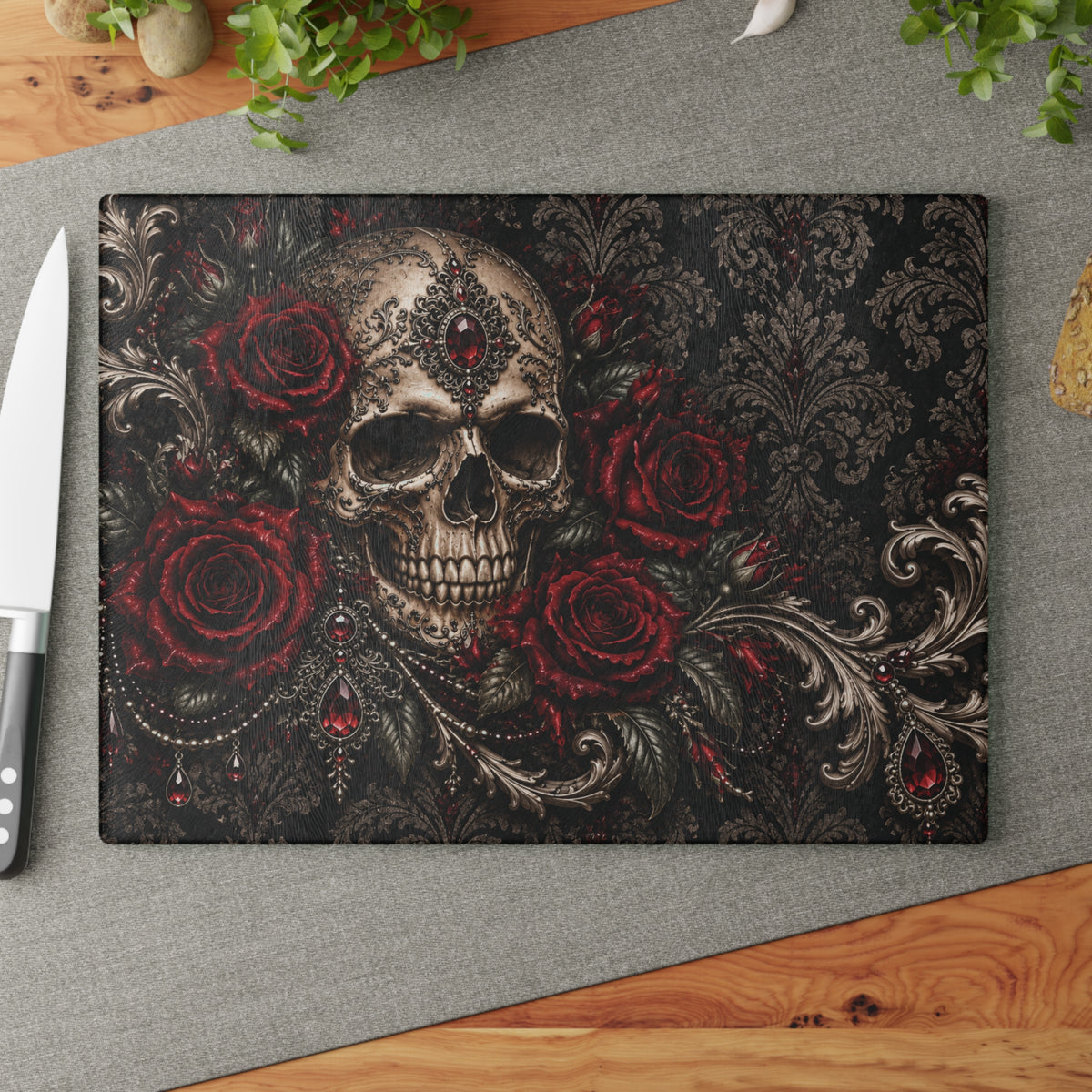Where Shadows Bloom Gothic Glass Cutting Board — Skull & Burgundy Roses