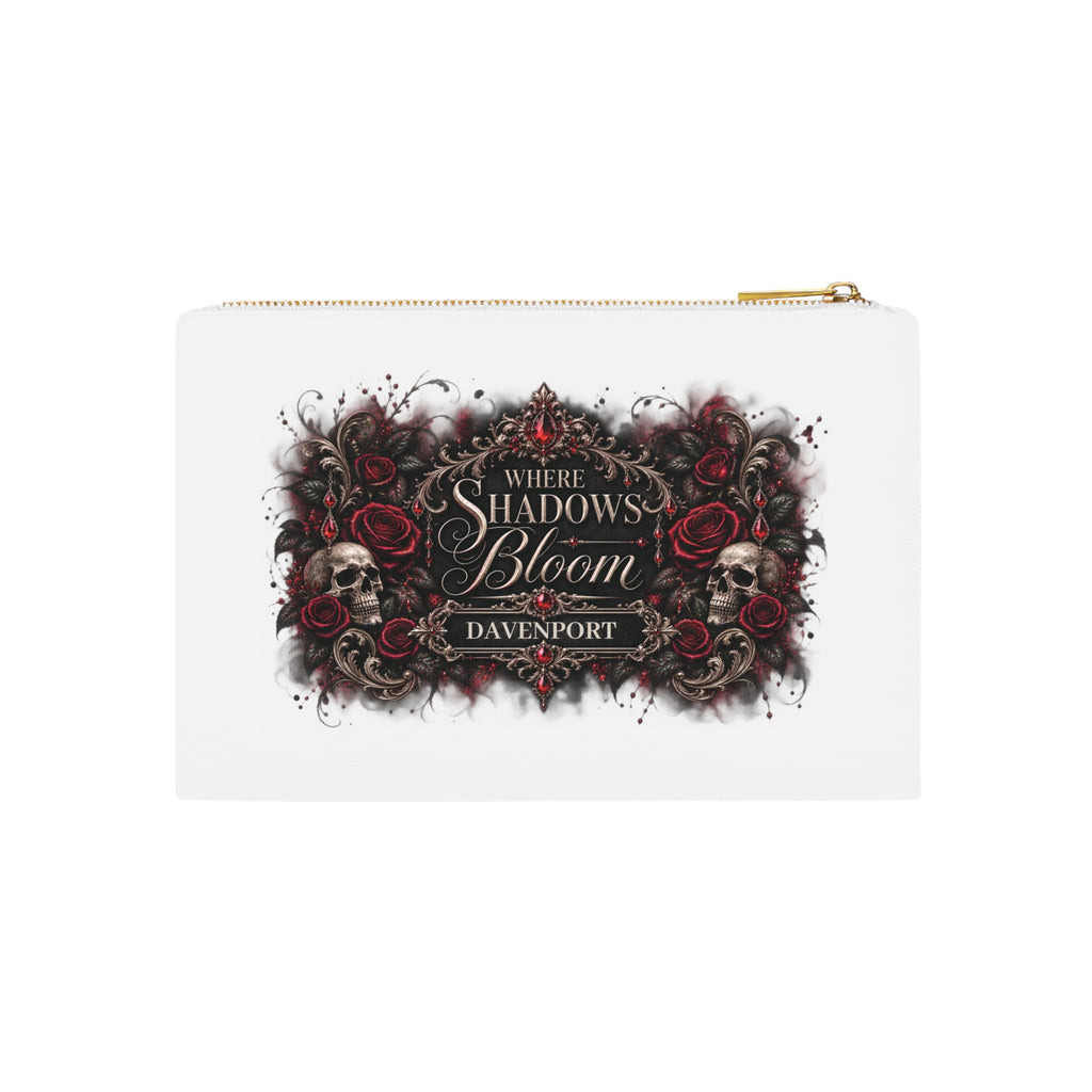 Personalized Where Shadows Bloom Gothic Cosmetic Bag — Custom Name Skull & Burgundy Roses