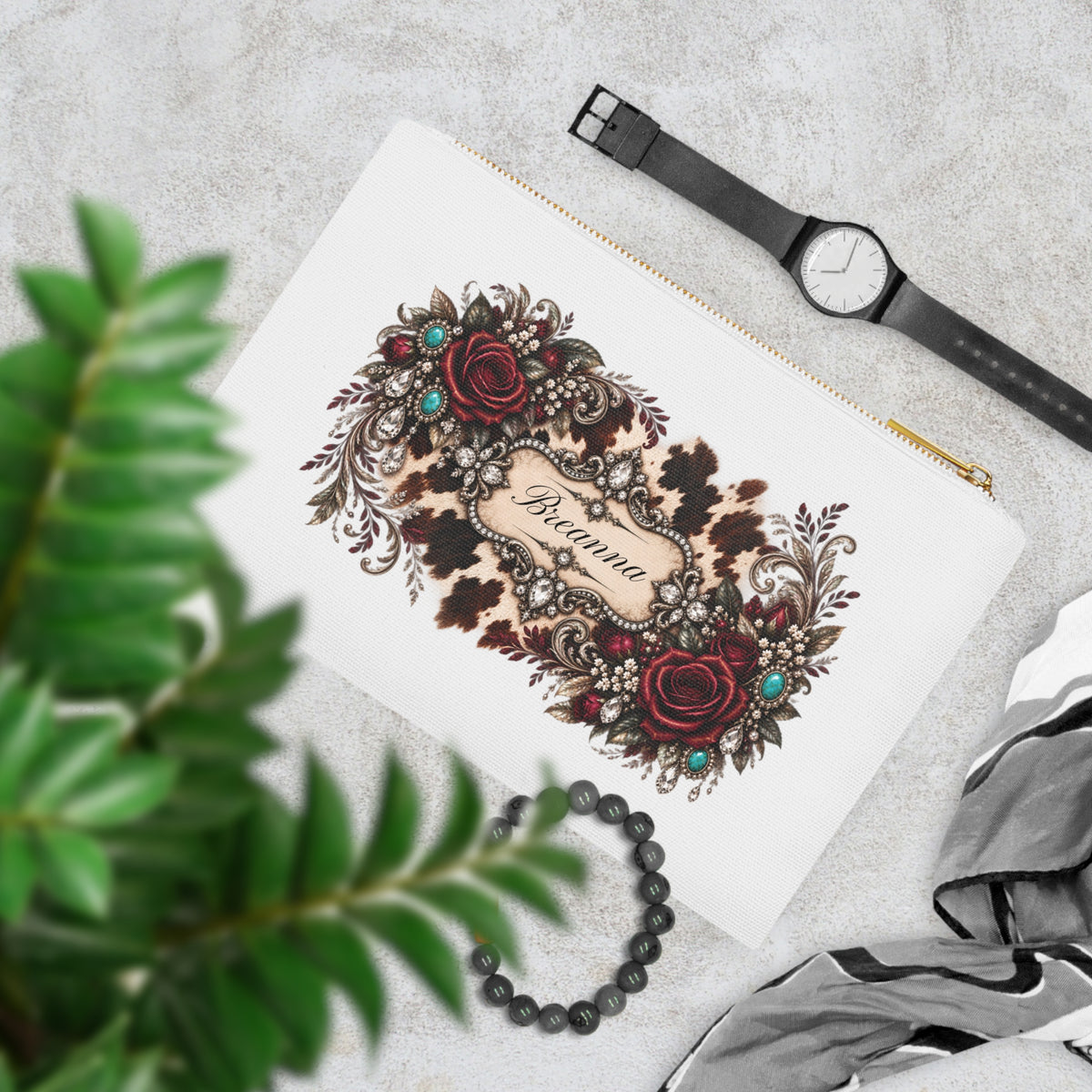 Personalized Cowhide & Burgundy Rose Cosmetic Bag — Custom Name Makeup Pouch