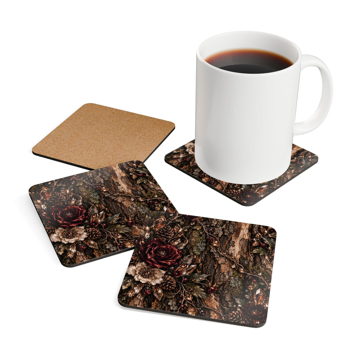 Moonlit Timber Corkwood Coaster Set — Rustic Bark, Burgundy Florals & Crystal Woodland Design
