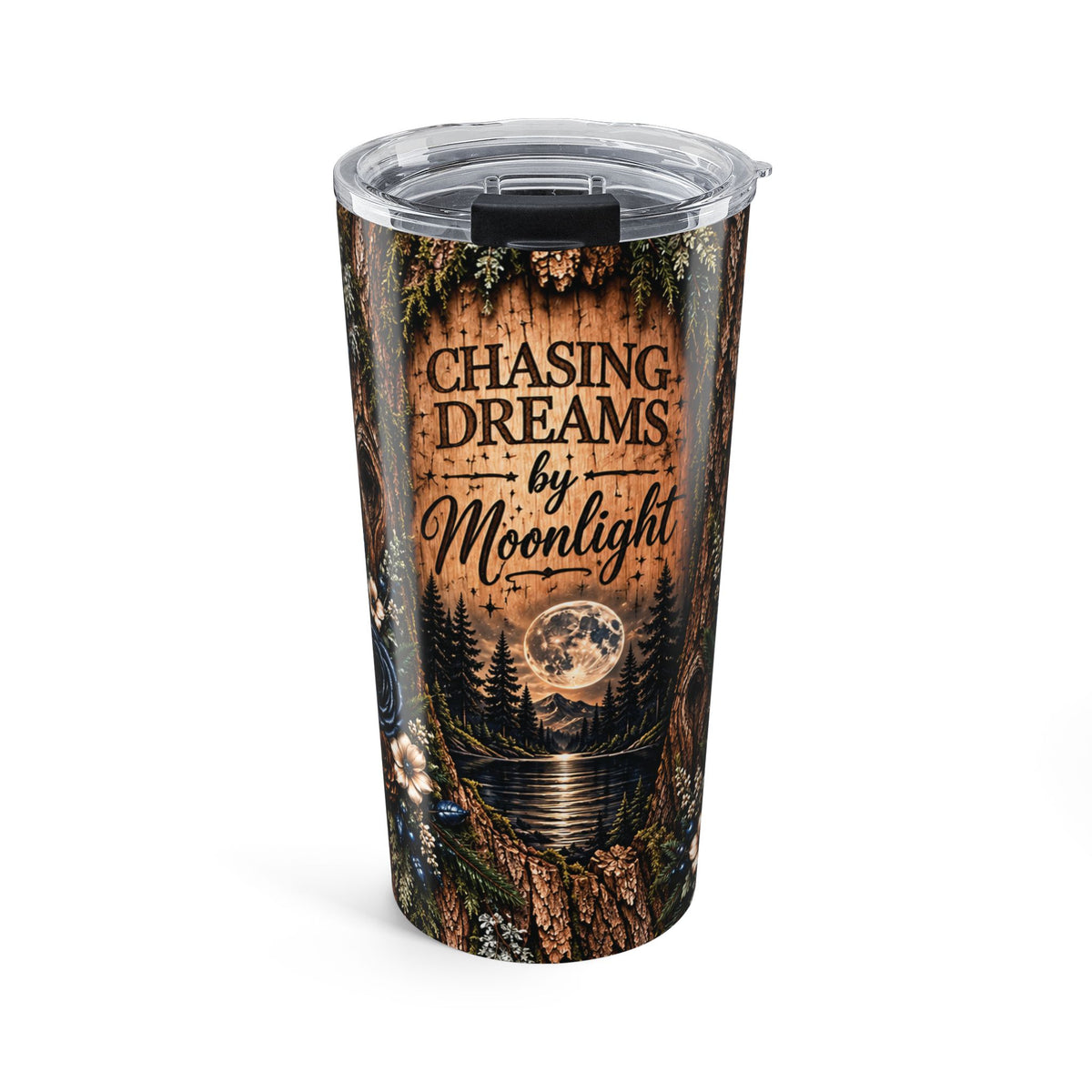 Moonlit Timber 20oz Tumbler — “Chasing Dreams by Moonlight” Rustic Woodland Travel Cup