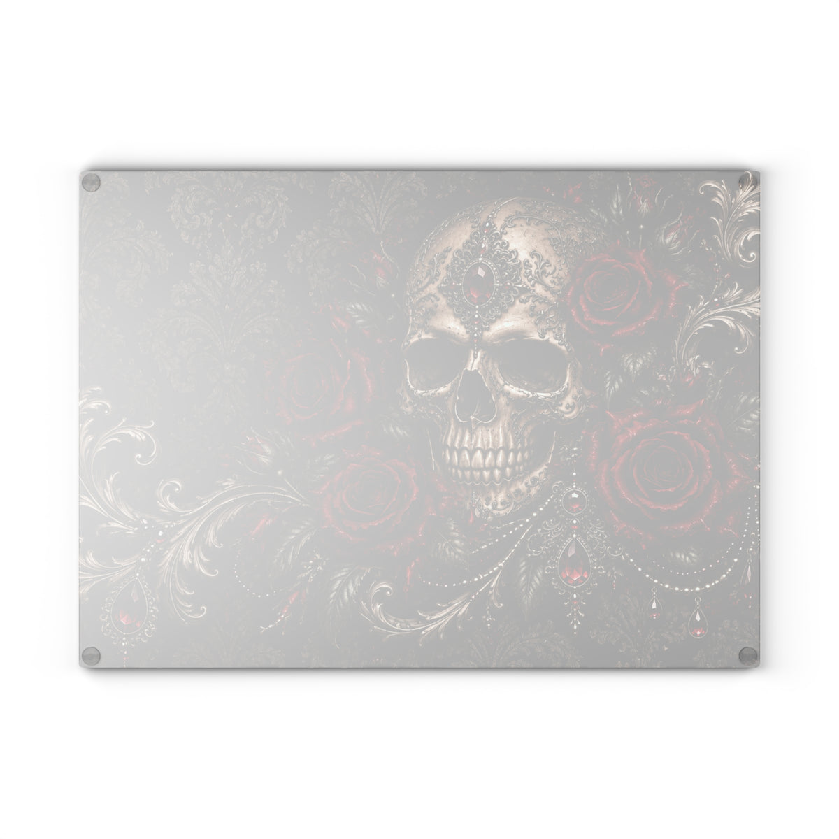 Where Shadows Bloom Gothic Glass Cutting Board — Skull & Burgundy Roses
