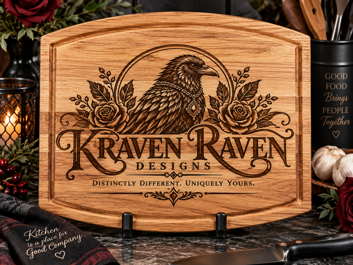 Kraven Raven Designs™ Engraved Arched Wood Cutting Board with Juice Groove  12" × 9"