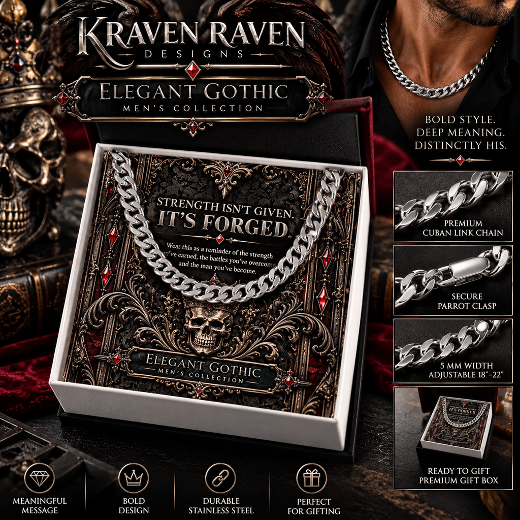 Elegant Gothic Men's Cuban Link Chain – “Strength Is Forged” Gothic Skull Necklace Gift