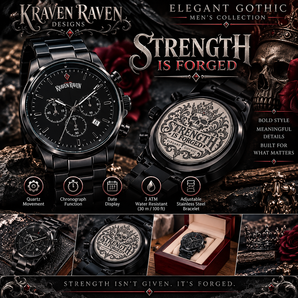 Strength Is Forged Engraved Black Chronograph Watch – Elegant Gothic Men's Collection | Kraven Raven Designs