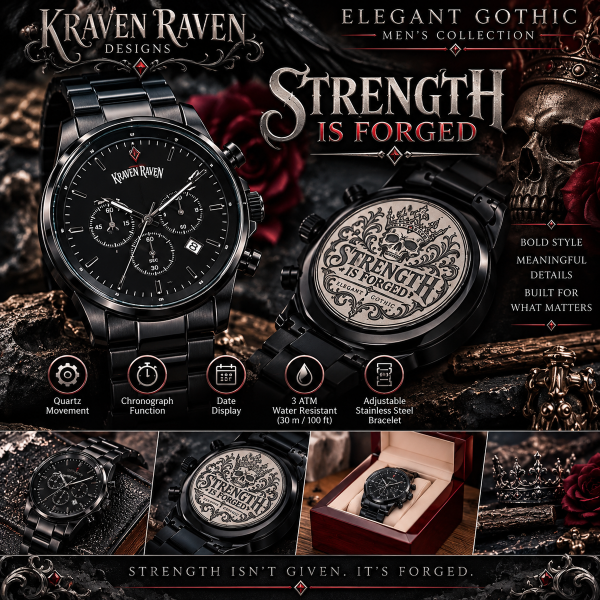 Strength Is Forged Engraved Black Chronograph Watch – Elegant Gothic Men's Collection | Kraven Raven Designs