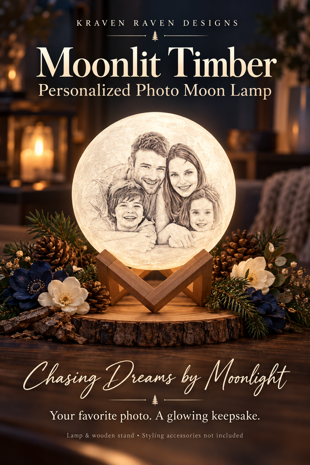 Moonlit Timber Personalized Photo Moon Lamp “Chasing Dreams by Moonlight”
