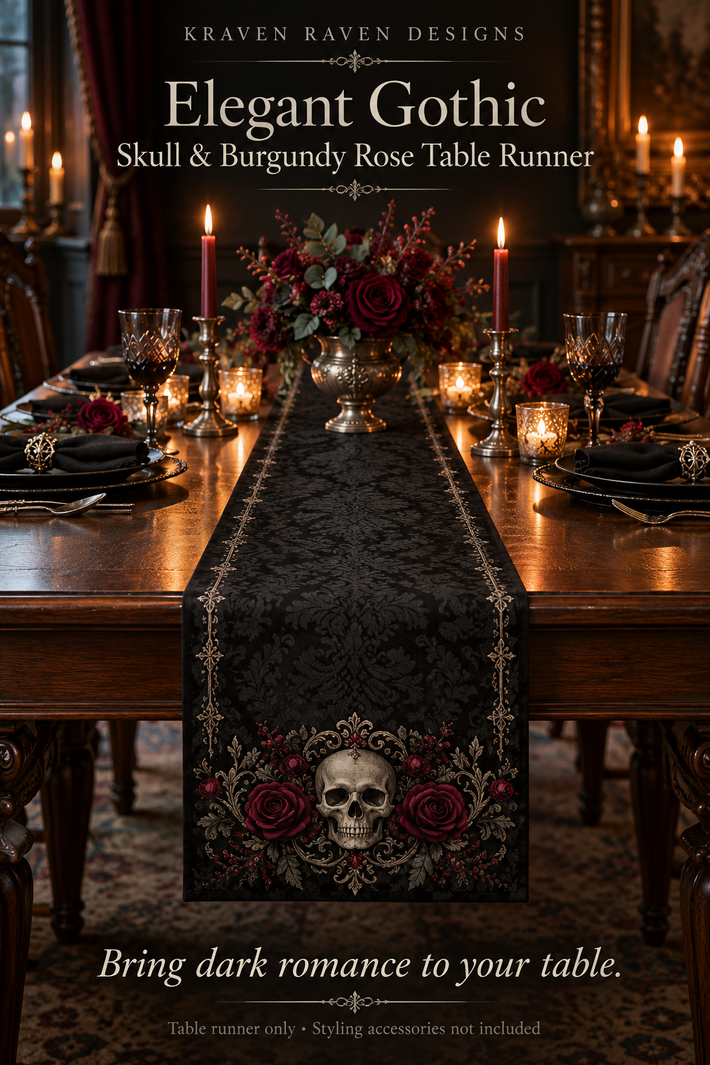 Elegant Gothic Skull & Burgundy Rose Table Runner