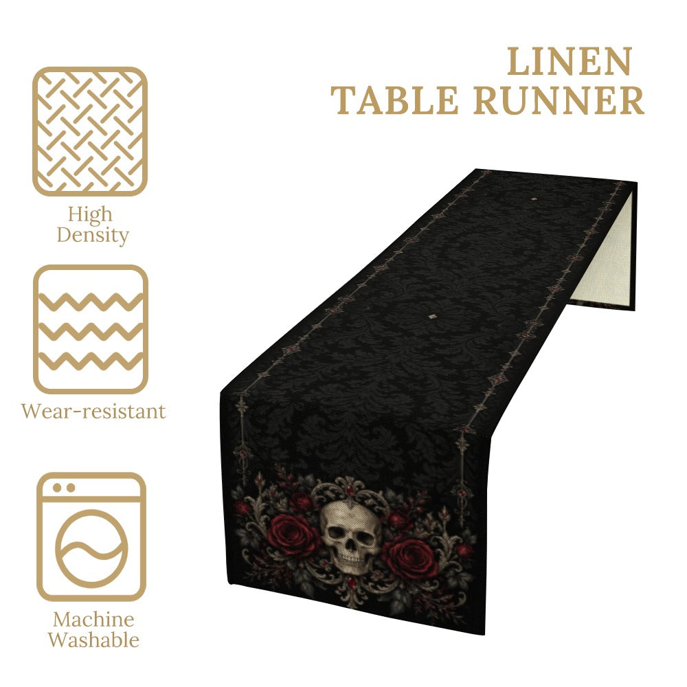 Elegant Gothic Skull & Burgundy Rose Table Runner
