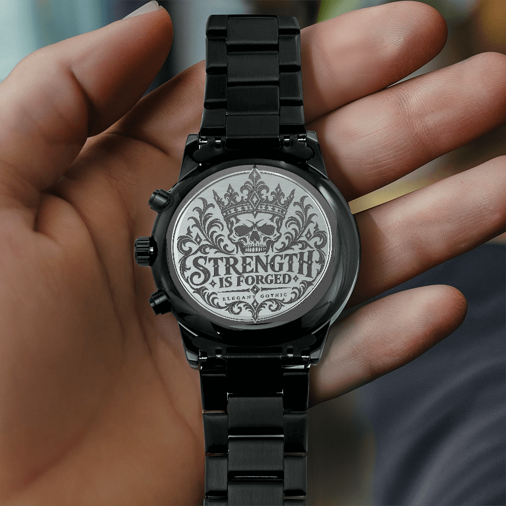 Strength Is Forged Engraved Black Chronograph Watch – Elegant Gothic Men's Collection | Kraven Raven Designs