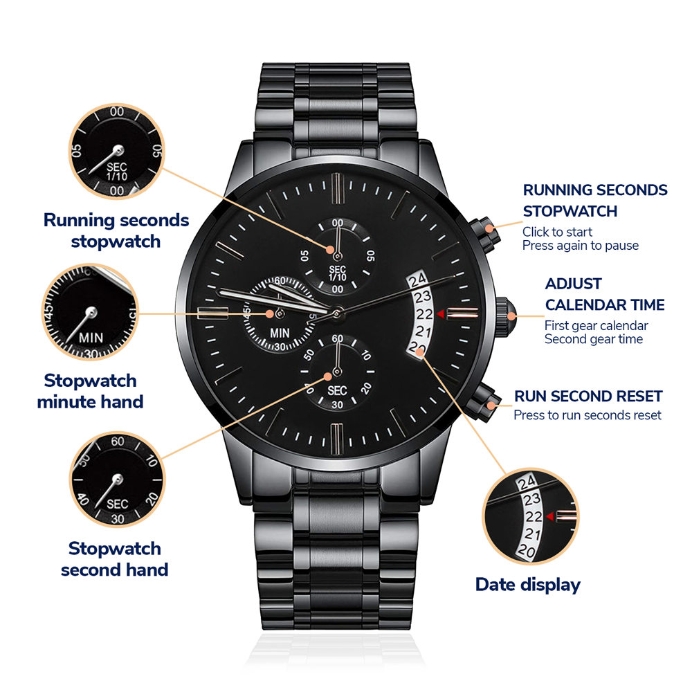 Strength Is Forged Engraved Black Chronograph Watch – Elegant Gothic Men's Collection | Kraven Raven Designs