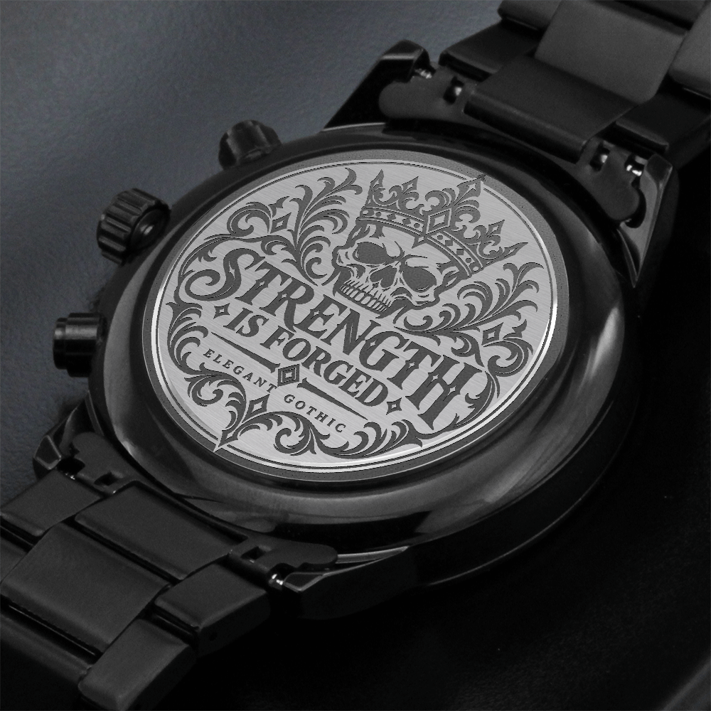Strength Is Forged Engraved Black Chronograph Watch – Elegant Gothic Men's Collection | Kraven Raven Designs