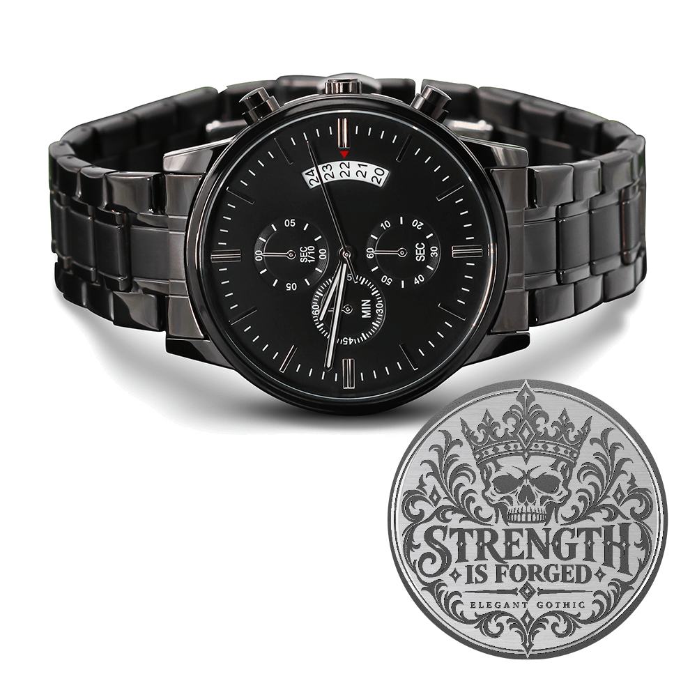 Strength Is Forged Engraved Black Chronograph Watch – Elegant Gothic Men's Collection | Kraven Raven Designs