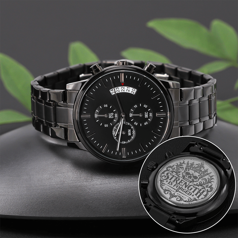 Strength Is Forged Engraved Black Chronograph Watch – Elegant Gothic Men's Collection | Kraven Raven Designs