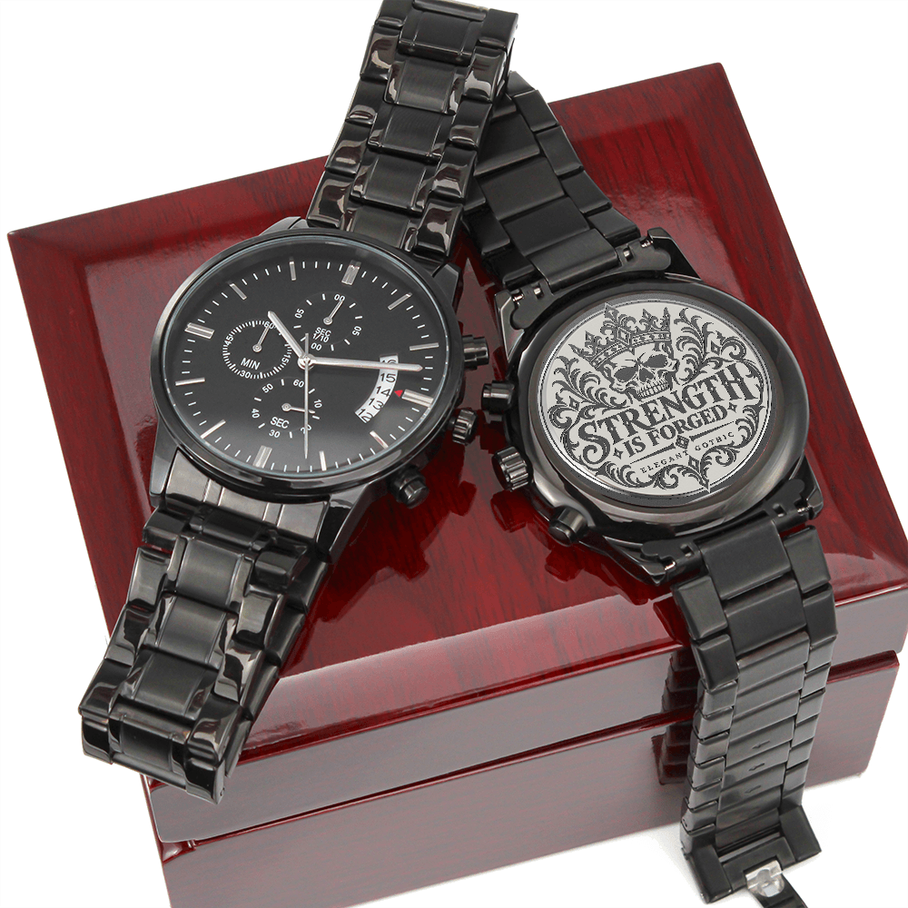 Strength Is Forged Engraved Black Chronograph Watch – Elegant Gothic Men's Collection | Kraven Raven Designs