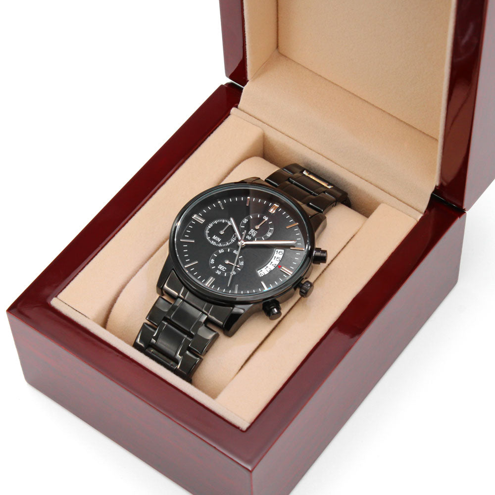 Strength Is Forged Engraved Black Chronograph Watch – Elegant Gothic Men's Collection | Kraven Raven Designs