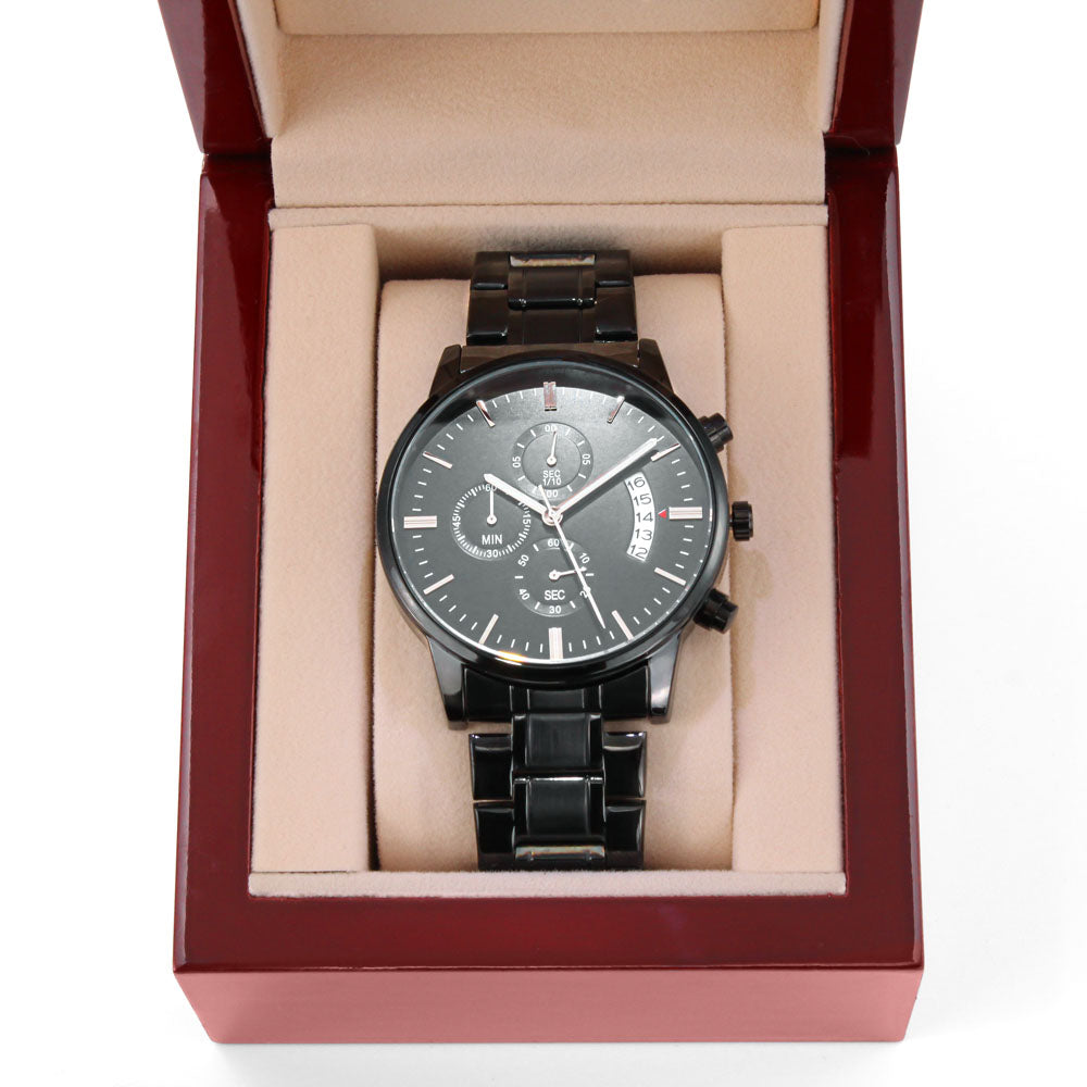Strength Is Forged Engraved Black Chronograph Watch – Elegant Gothic Men's Collection | Kraven Raven Designs