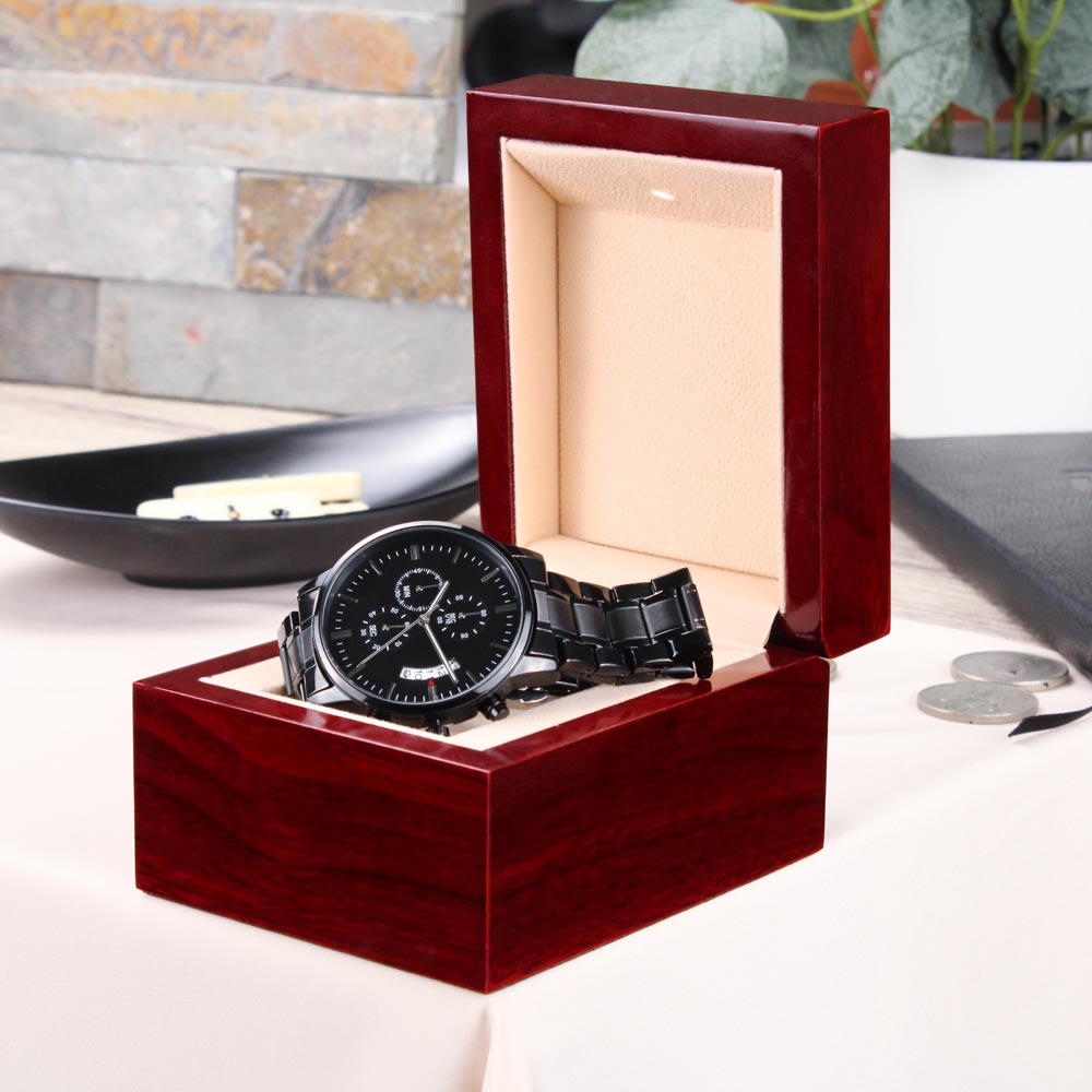Strength Is Forged Engraved Black Chronograph Watch – Elegant Gothic Men's Collection | Kraven Raven Designs