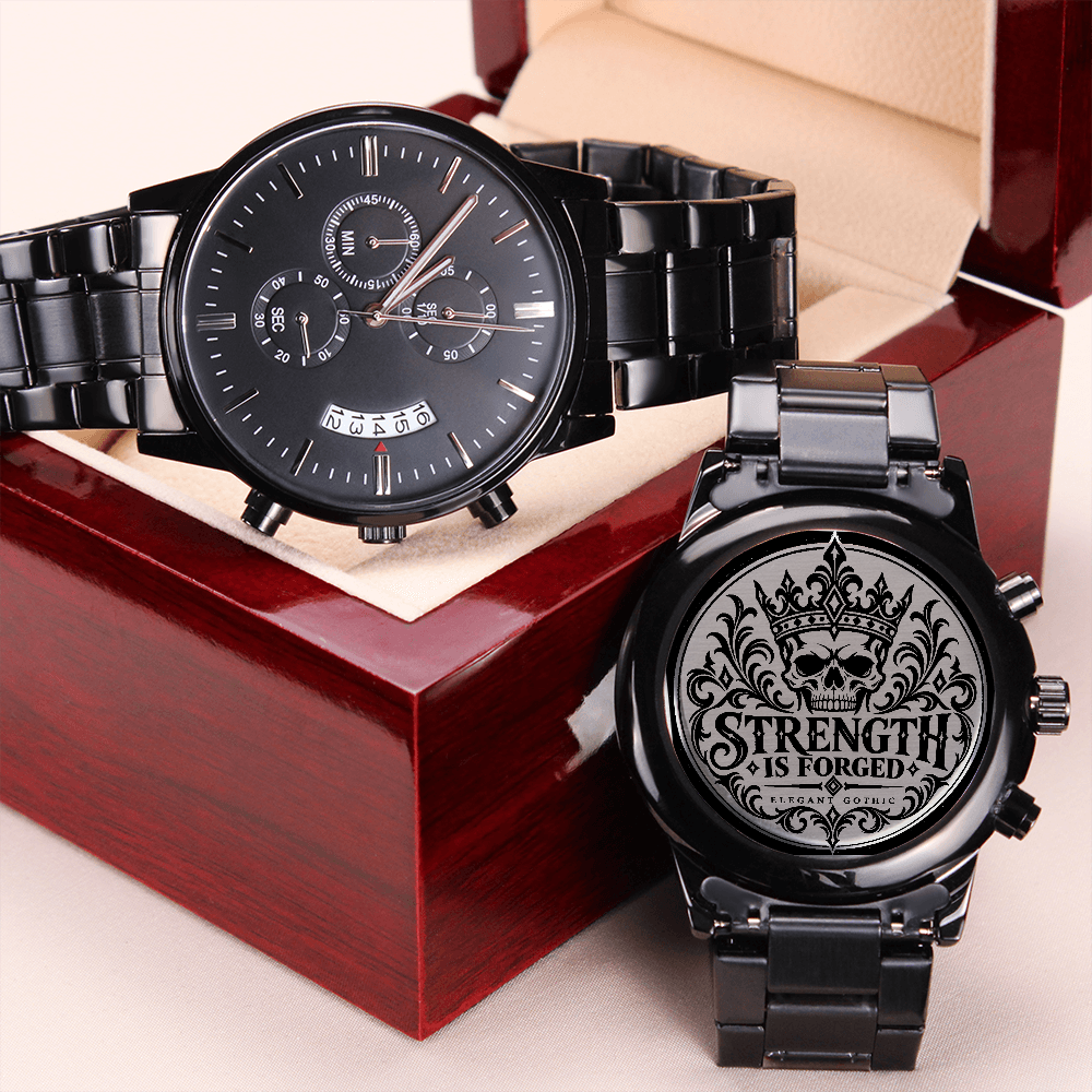 Strength Is Forged Engraved Black Chronograph Watch – Elegant Gothic Men's Collection | Kraven Raven Designs