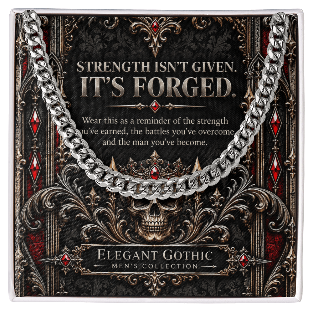 Elegant Gothic Men's Cuban Link Chain – “Strength Is Forged” Gothic Skull Necklace Gift