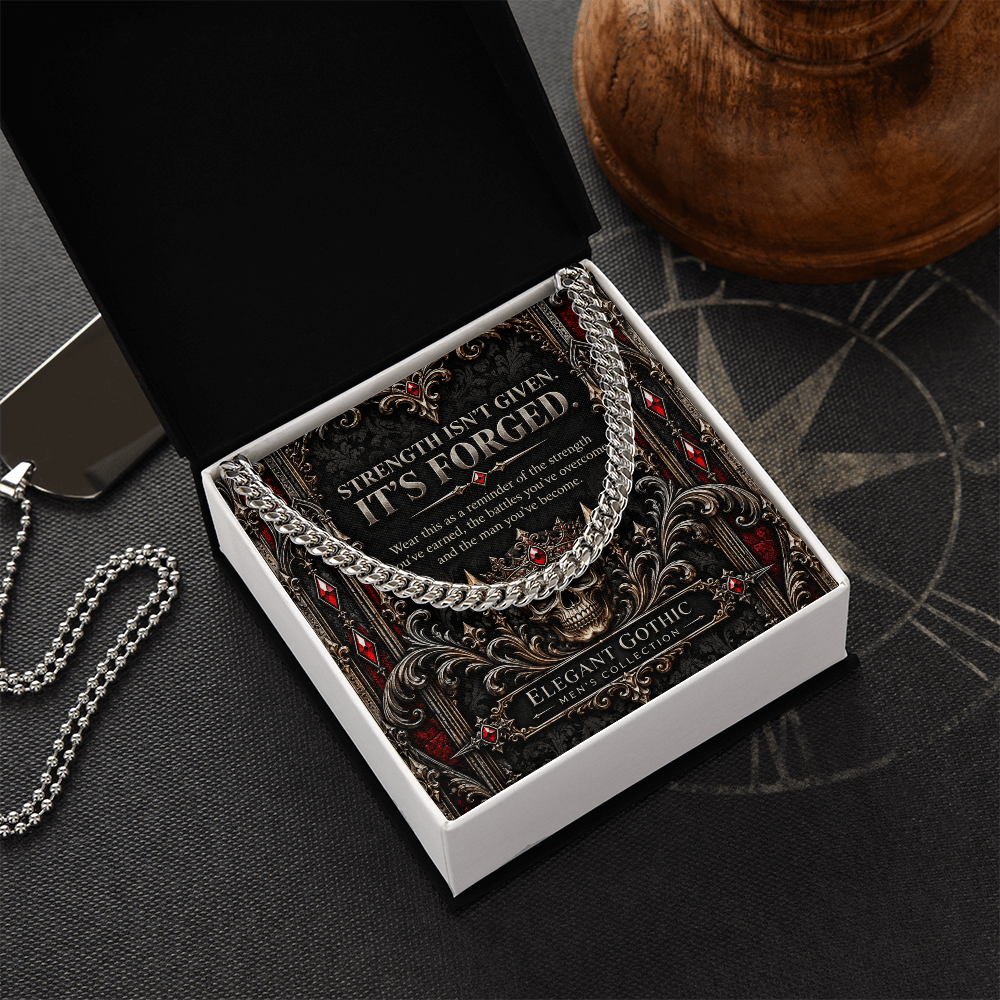 Elegant Gothic Men's Cuban Link Chain – “Strength Is Forged” Gothic Skull Necklace Gift