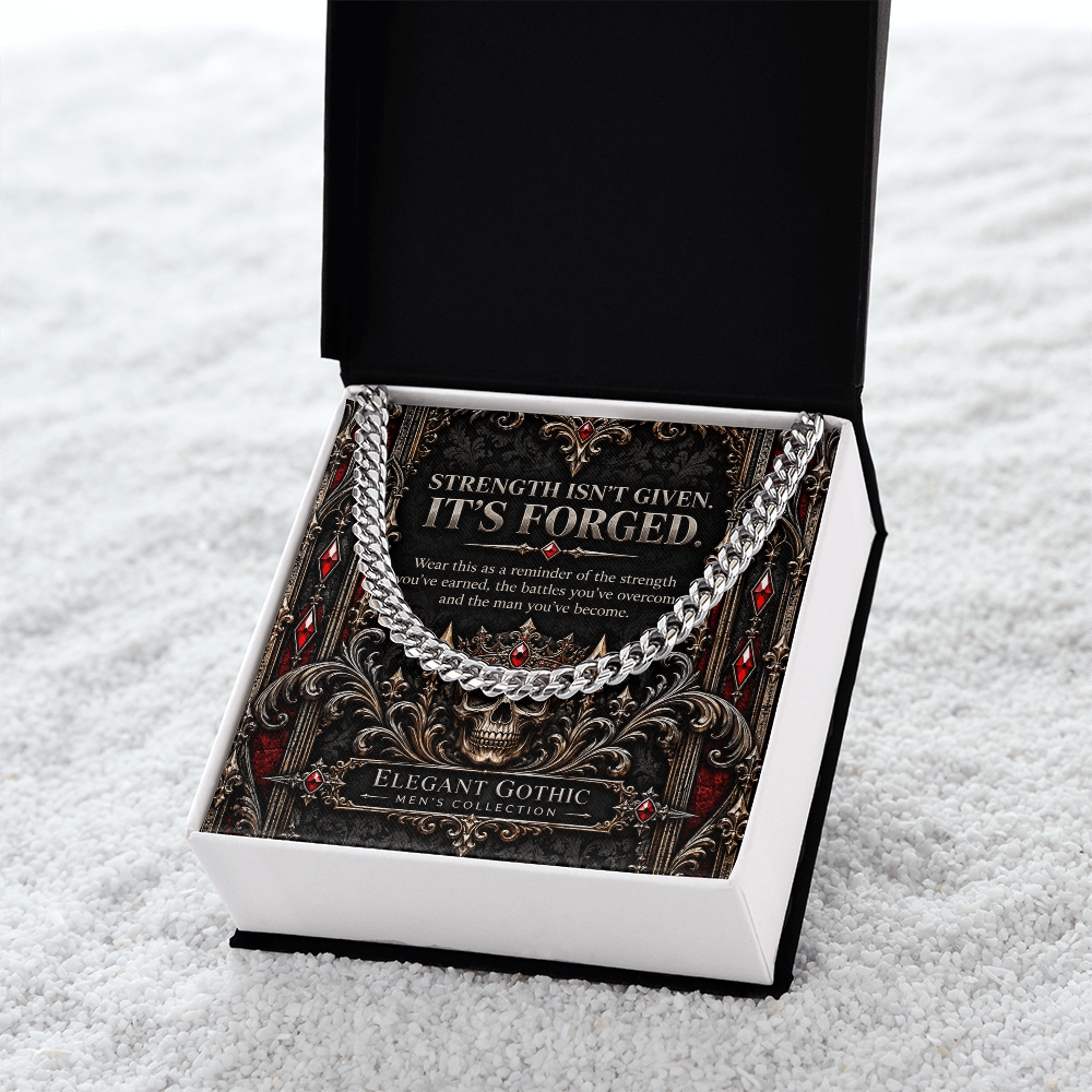 Elegant Gothic Men's Cuban Link Chain – “Strength Is Forged” Gothic Skull Necklace Gift