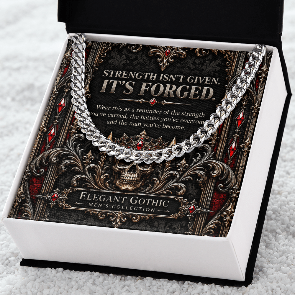 Elegant Gothic Men's Cuban Link Chain – “Strength Is Forged” Gothic Skull Necklace Gift