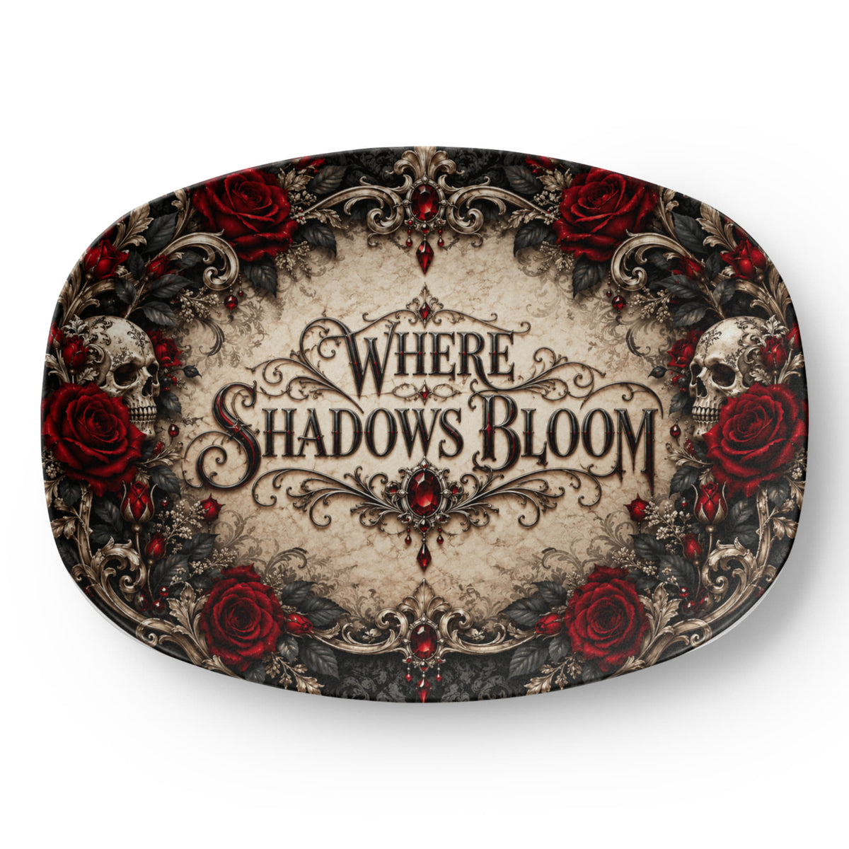 Where Shadows Bloom 10" × 14" Serving Platter – Elegant Gothic Collection | Kraven Raven Designs
