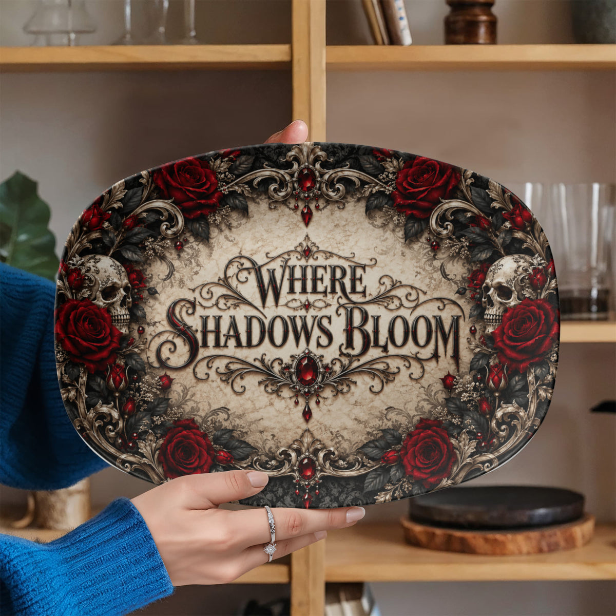 Where Shadows Bloom 10" × 14" Serving Platter – Elegant Gothic Collection | Kraven Raven Designs