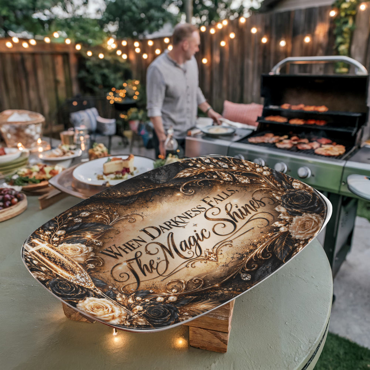 When Darkness Falls, The Magic Shines 10" × 14" Serving Platter – Champagne After Dark Collection | Kraven Raven Designs