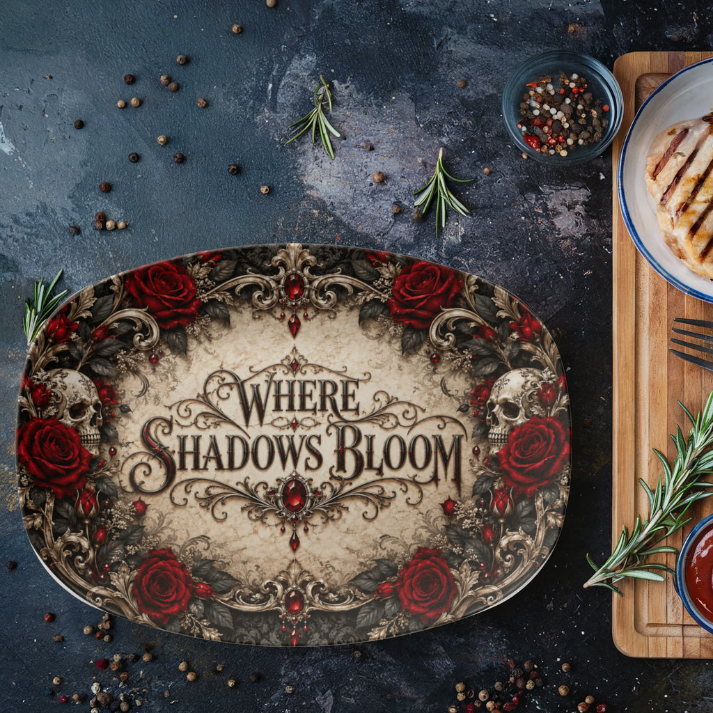Where Shadows Bloom 10" × 14" Serving Platter – Elegant Gothic Collection | Kraven Raven Designs