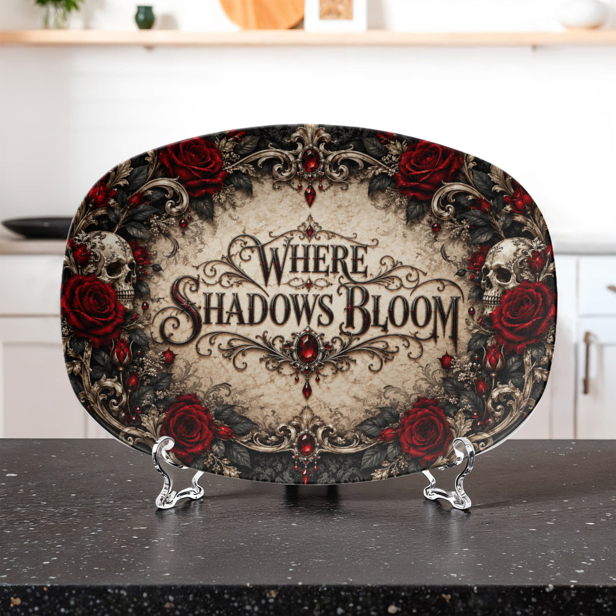 Where Shadows Bloom 10" × 14" Serving Platter – Elegant Gothic Collection | Kraven Raven Designs