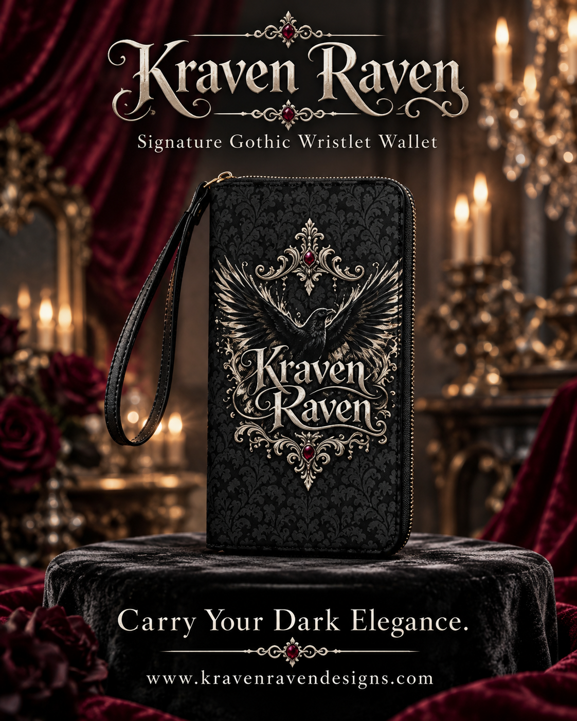 Kraven Raven Signature Gothic Damask Wristlet Wallet