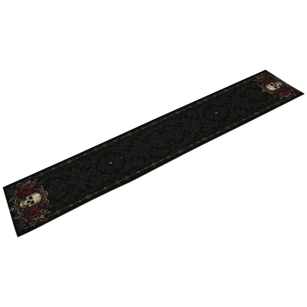 Elegant Gothic Skull & Burgundy Rose Table Runner