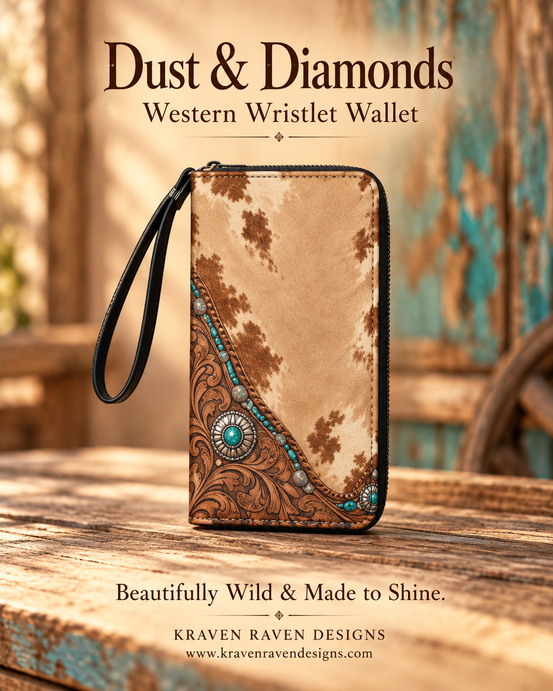 Dust & Diamonds Western Cowhide & Turquoise Print Wristlet Wallet