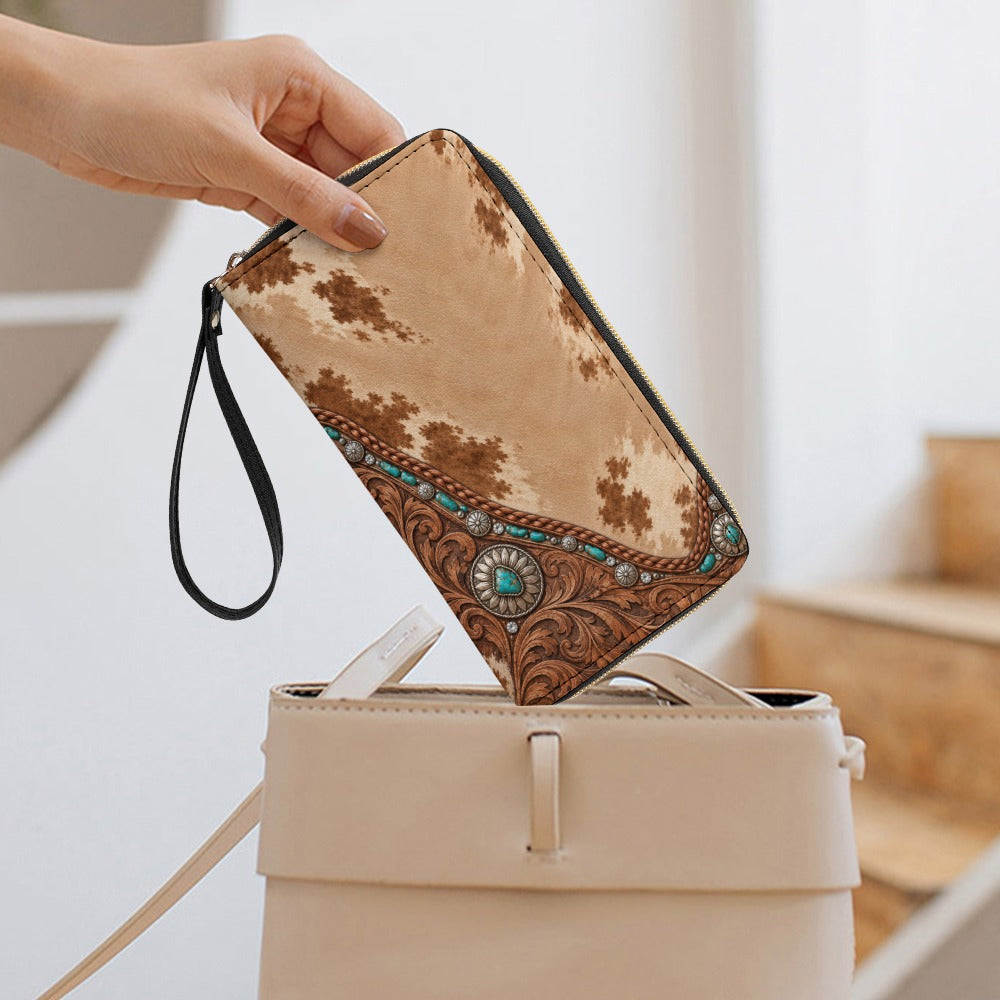 Dust & Diamonds Western Cowhide & Turquoise Print Wristlet Wallet